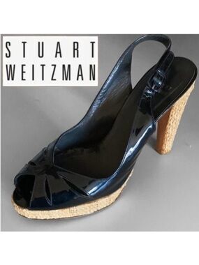 STUART Weitzman Black heels Size 7.5 patent leather peep toe
